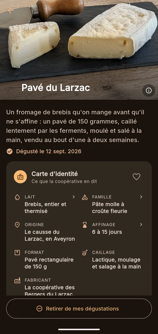 La fiche du Pavé du Larzac : photo, description et carte d'identité (lait, famille, origine, affinage).