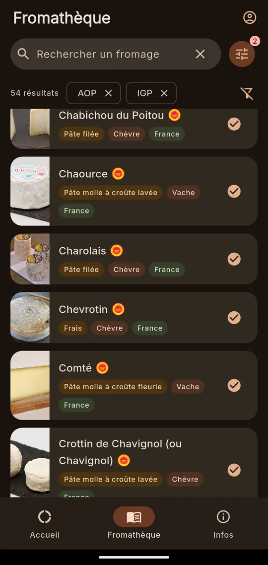 La fromathèque : la liste des fromages filtrée sur les appellations AOP et IGP, chacun avec sa vignette.